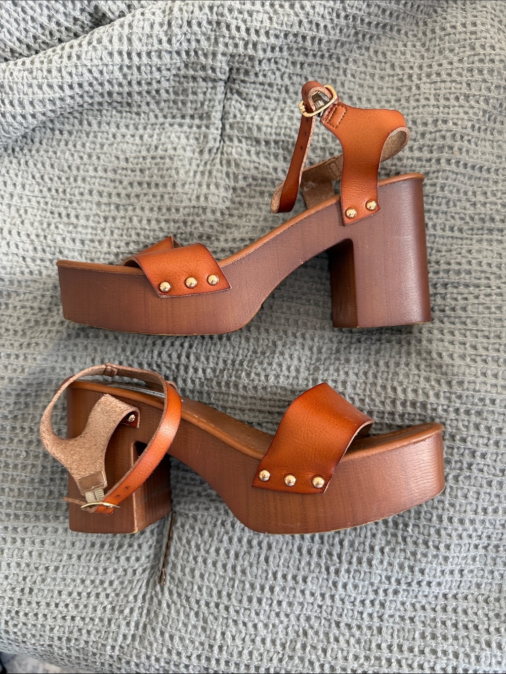 Brown Platform Block Heel Sandals with Ankle Strap worn once